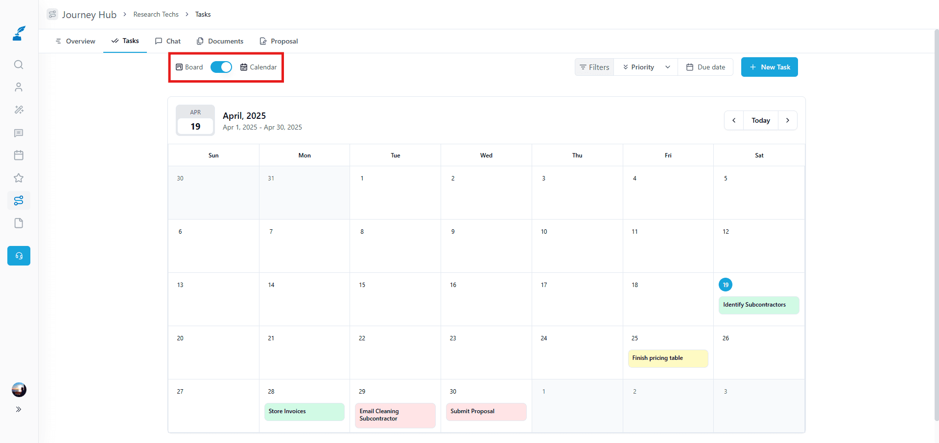 SamSearch Journey Hub calendar with pursuit due dates