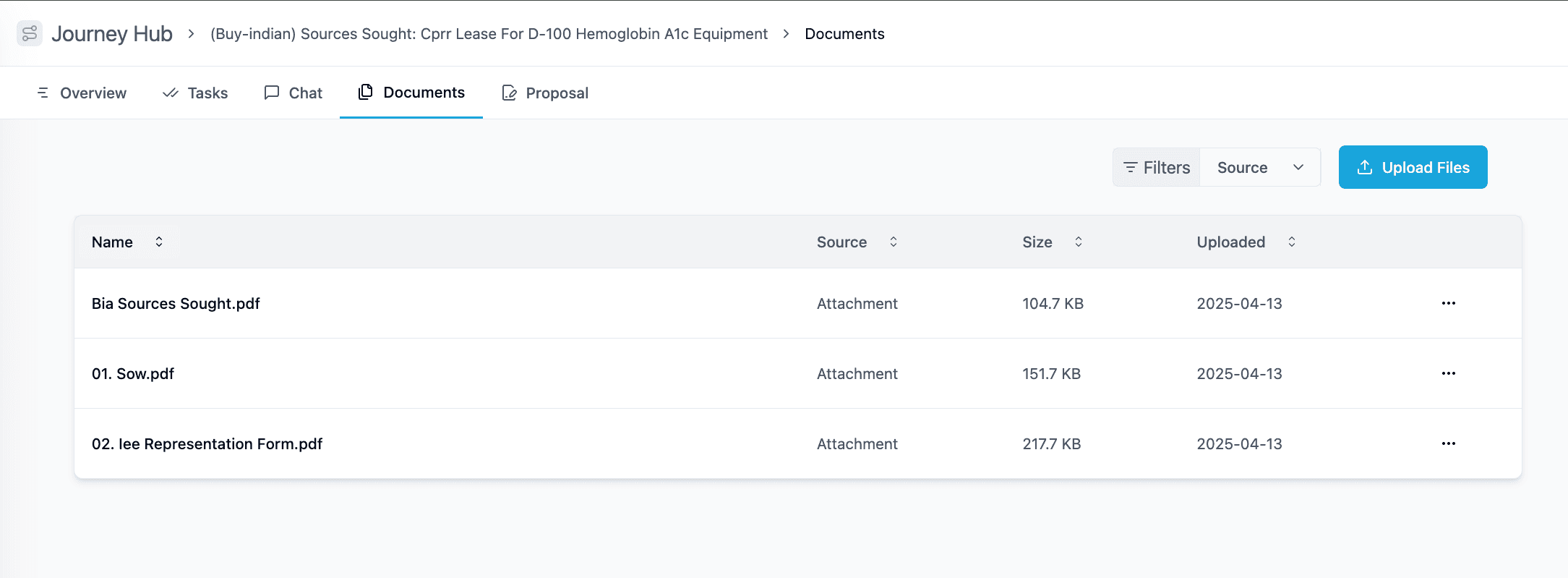 SamSearch Journey Hub documents attached to a pursuit