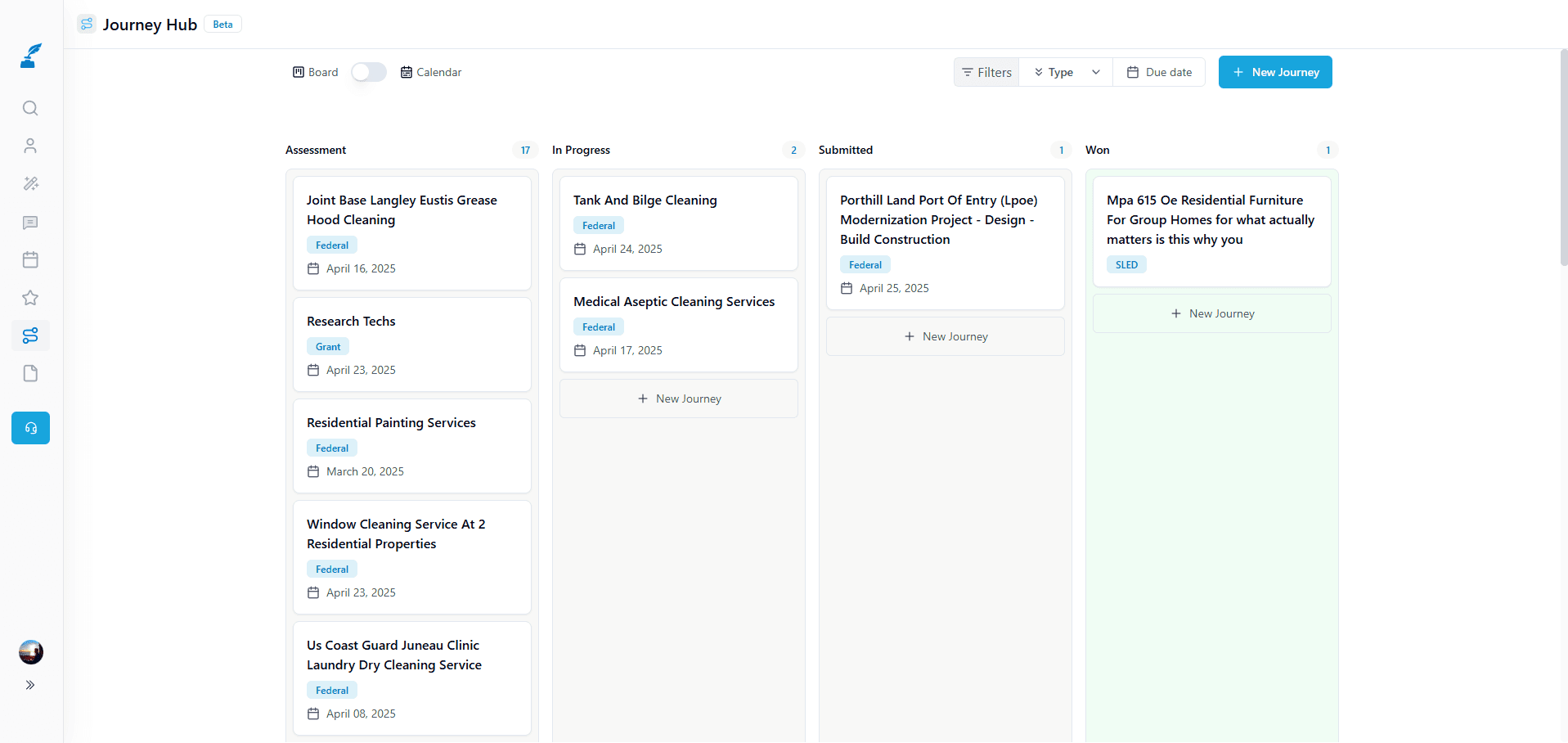 SamSearch Journey Hub kanban board with pursuits across capture stages