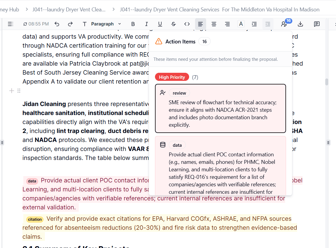SamSearch proposal editor highlighting compliance action items and gaps