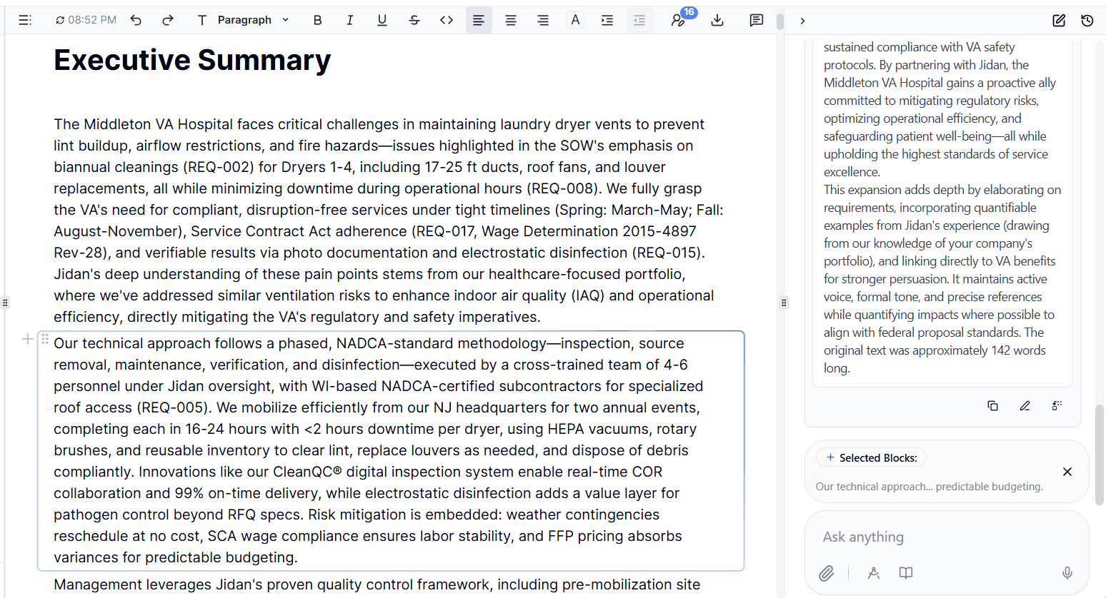 SamSearch AI proposal editor drafting an executive summary with requirement links