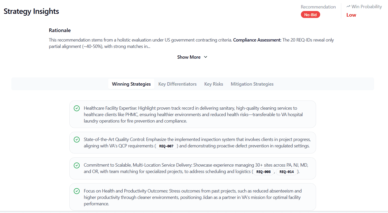 SamSearch strategy insights with win probability, risks, and winning strategies