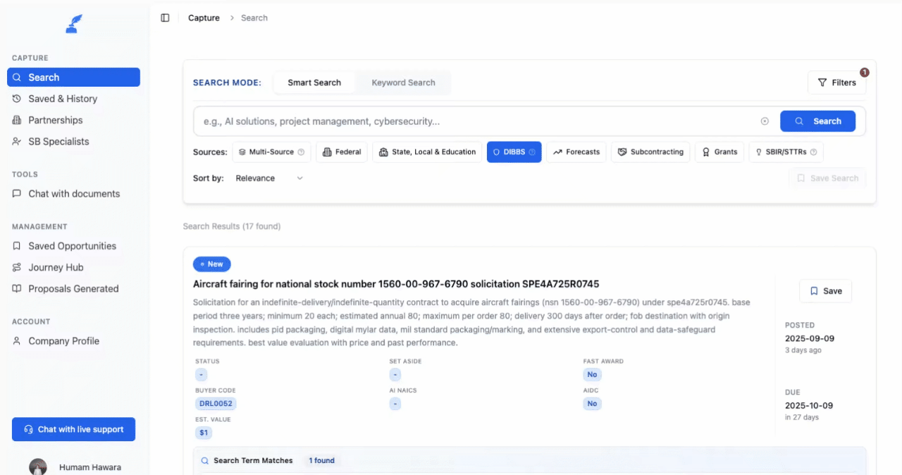 Advanced Smart Search - Search DIBBS in plain English. Skip the outdated interface and find opportunities with intelligent f