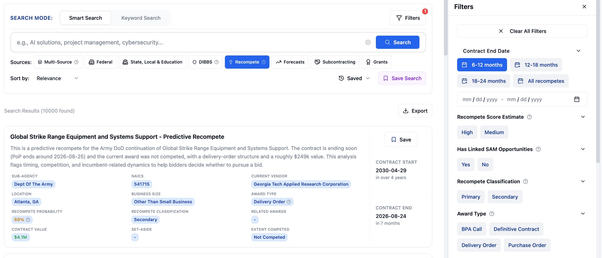 Advanced Filtering & Search - Federal recompete feature illustration