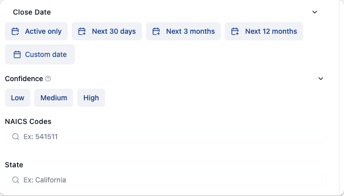 SamSearch subcontracting filter panel with options for NAICS code, agency, place of performance, contract value, confidence level, and prime contractor name