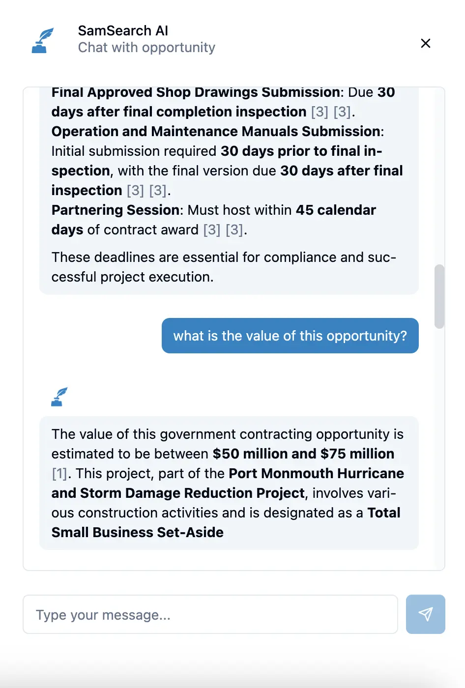 Simple chat query to SamSearch's GovCon Chat Assistant