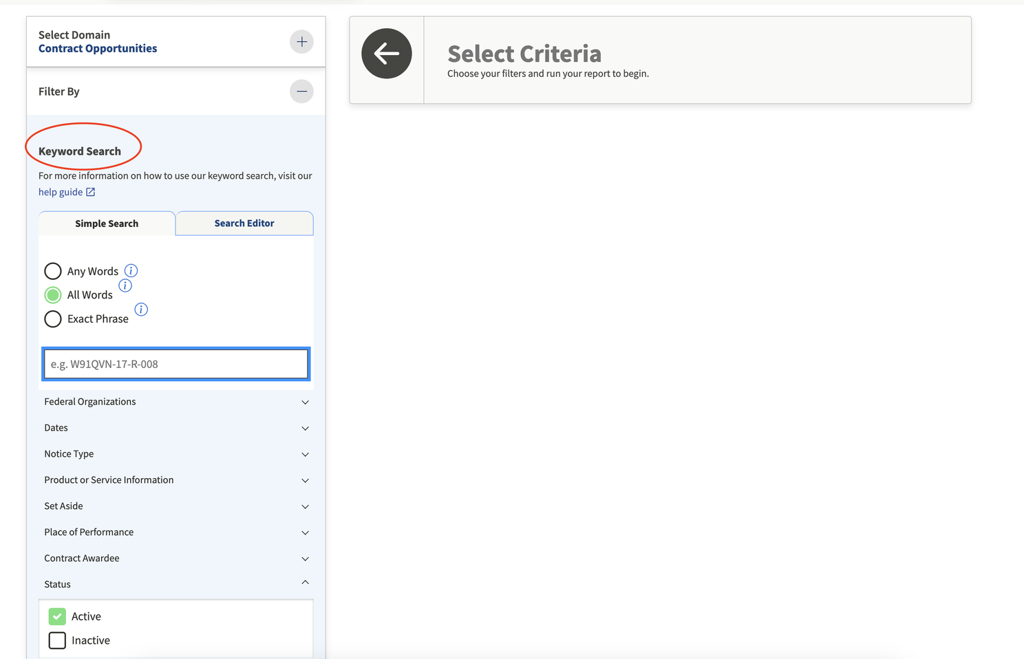 Keyword Filtering on sam.gov