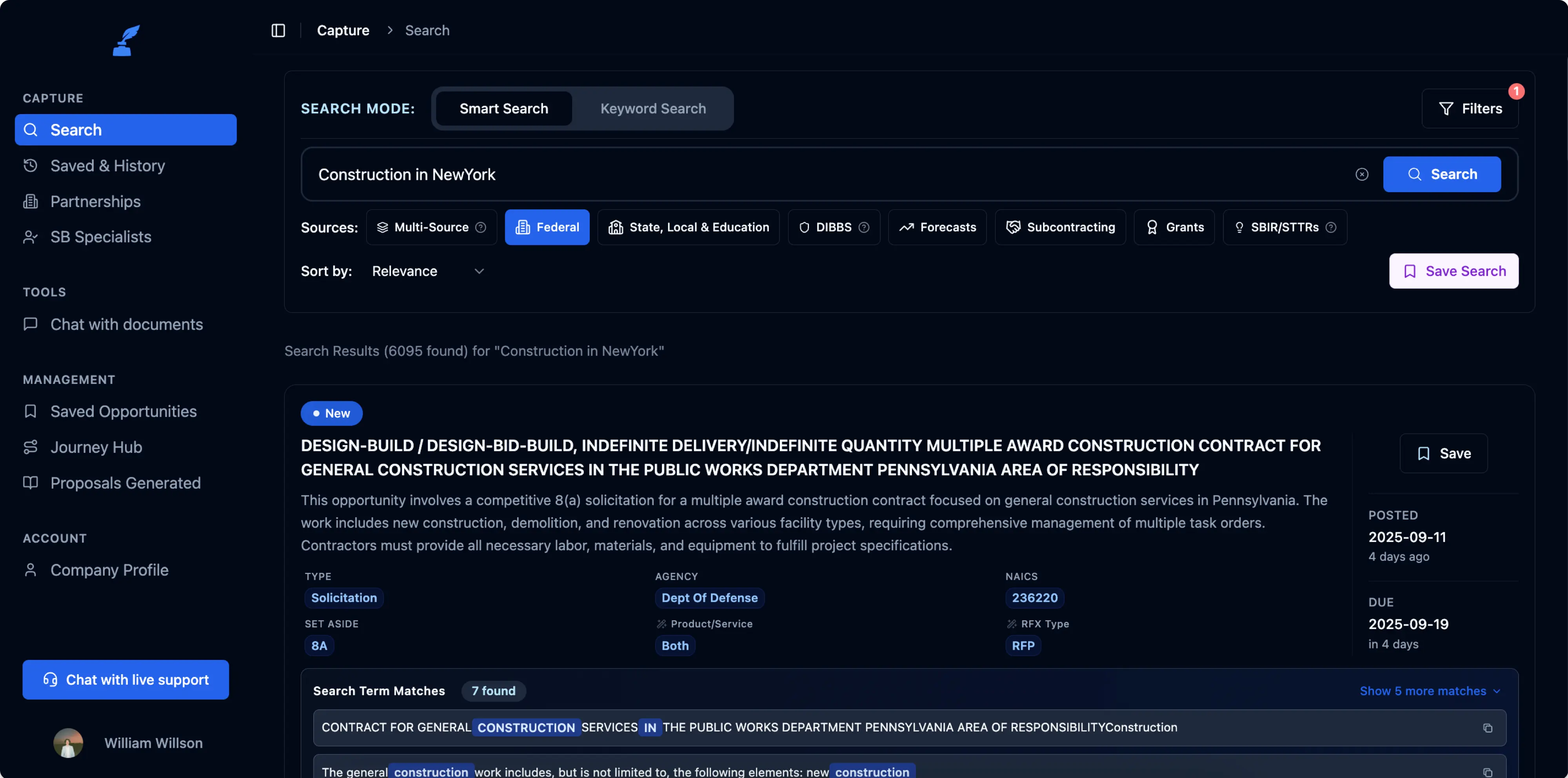 SamSearch AI contract search interface